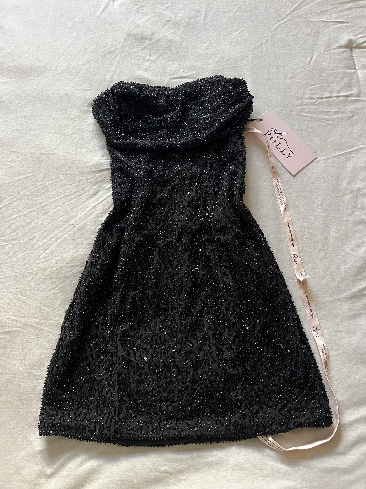 embellished strapless cowl neck mini dress in black Embellished Bandeau Cowl-Waist Mini Dress in Black - 6