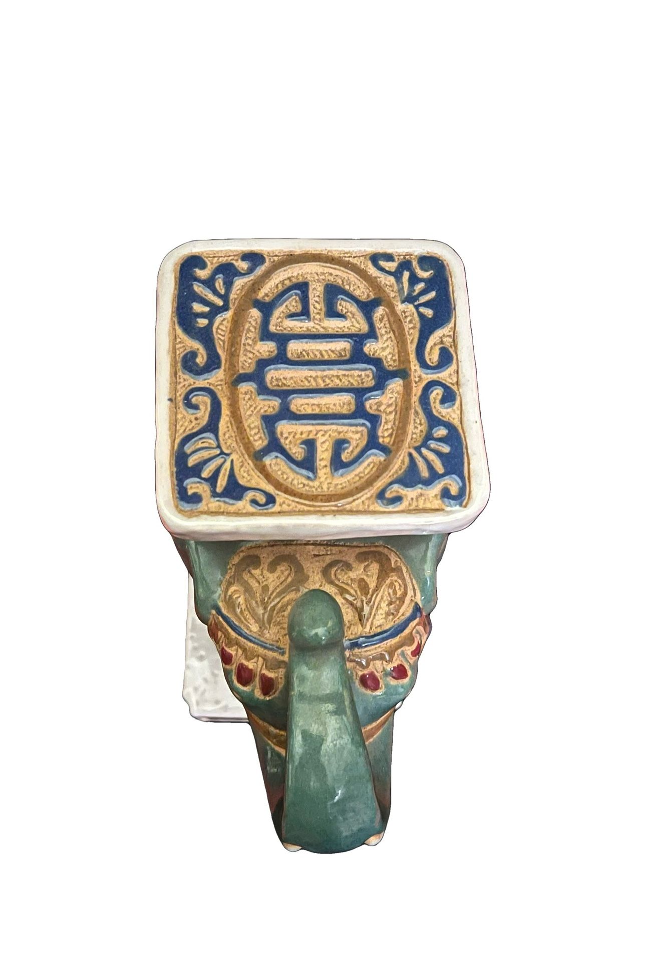 💕 Vintage (NEW) SET of 2 (PAIR) Small Asian Ceramic Glazed Green Blue Red White ELEPHANT Statue, Plant Stand, Bookend 💕