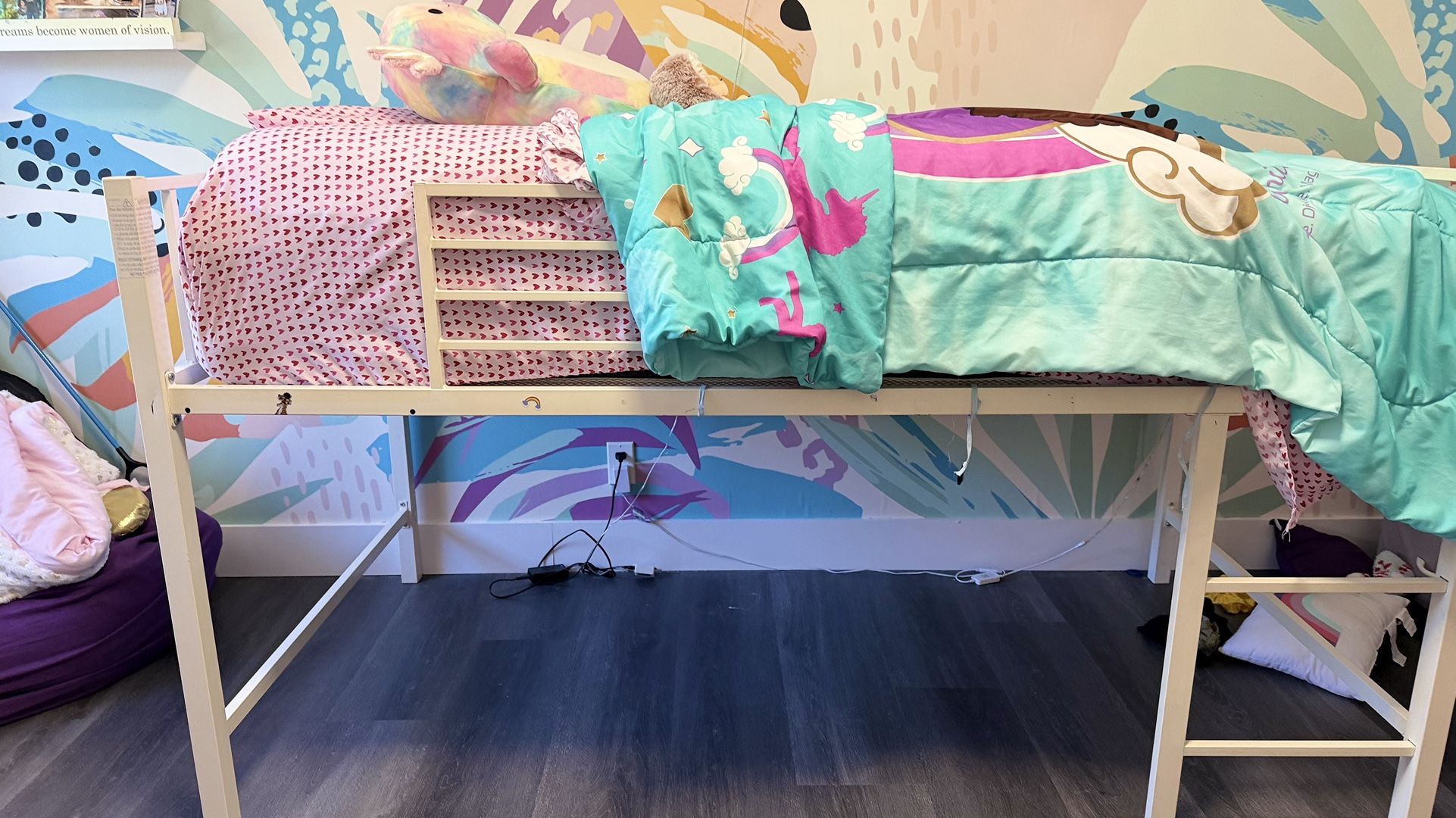 White Twin Loft Metal Bed With Guard Rail And Ladder