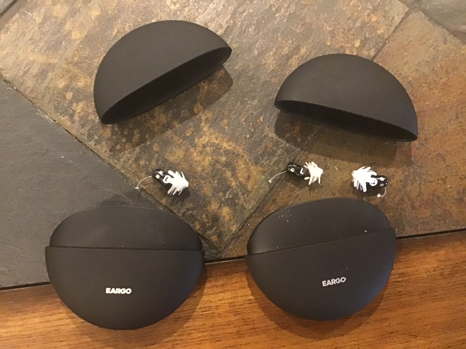 2- EARGO Charging Holders, 3 Earbuds- Battery In Hearing Aids Is Weak