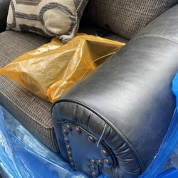 48” Oversized Leather And Fabric Gray Sofa NEW