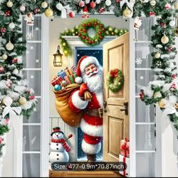 Merry Christmas Door Banner - Santa Claus & Snowman Design, Durable Polyester, Perfect for Indoor/Outdoor Holiday Decor, 35.43 x 70.86 Inches