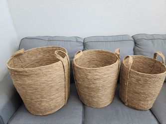 3 woven baskets 19", 17" ,15" high