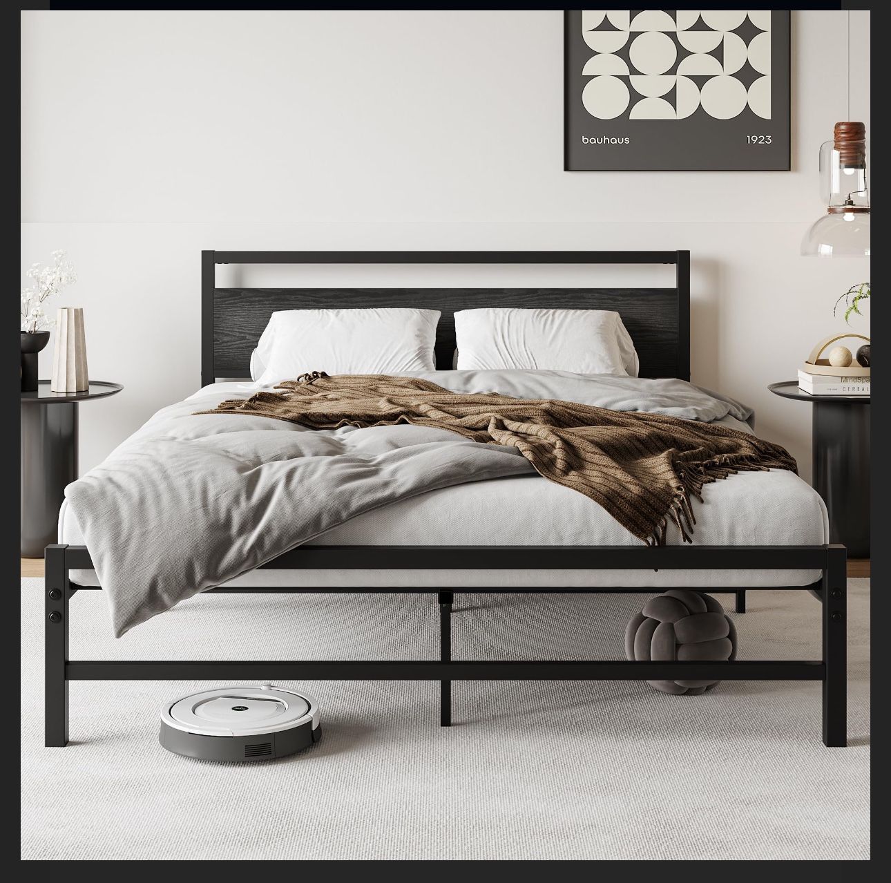 FOUBAM Queen Size Bed Frame with Black Wood Headboard,Heavy Duty Platform Bed Frames with Storage No Box Spring Needed,Reinforced Steel Square Pipe Ma