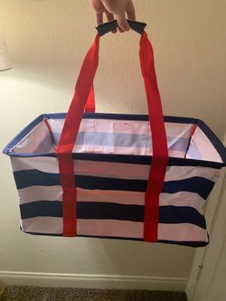 Collapsible Utility Tote Bag / Folding Picnic & Grocery Basket (Red/Blue Stripe)