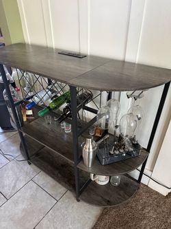 Home Bar Cabinet with Power Outlet, cocktail maker set and wine glasses included