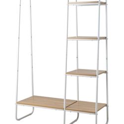 Freestanding Clothes Rack - Clothing Rack with Shelves - Heavy Duty Garment Rack with Hanging Bar - Metal Clothes Storage Rack with 5 Wood Shelves - P