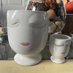 Set of 2 Decorative Ceramic Planters/Vases - Minimalist Face Design