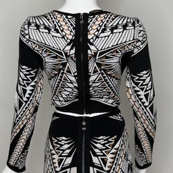 2-Piece Bandage Skirt Set – Long Sleeve Crop Top – Black Pattern – Size Large