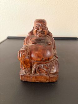 Vintage Wooden Laughing Buddha Statue - Hand Carved 5”