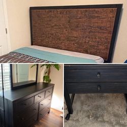 Black brown queen bedframe and dresser with attached mirror nightstand