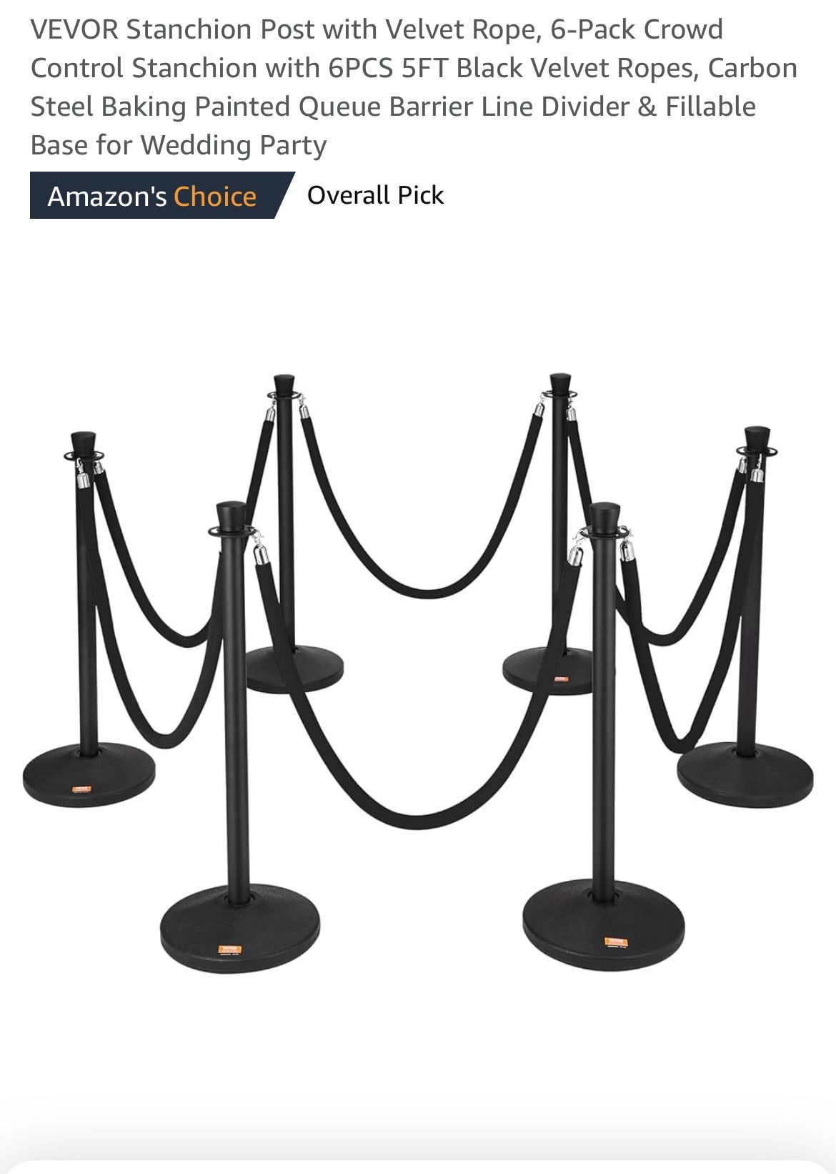 VEVOR Stanchion Post with Velvet Rope, 6-Pack Crowd Control Stanchion with (SR)