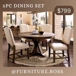 Round Dining Table & 4 Chairs  - Rustic Dining Table Set