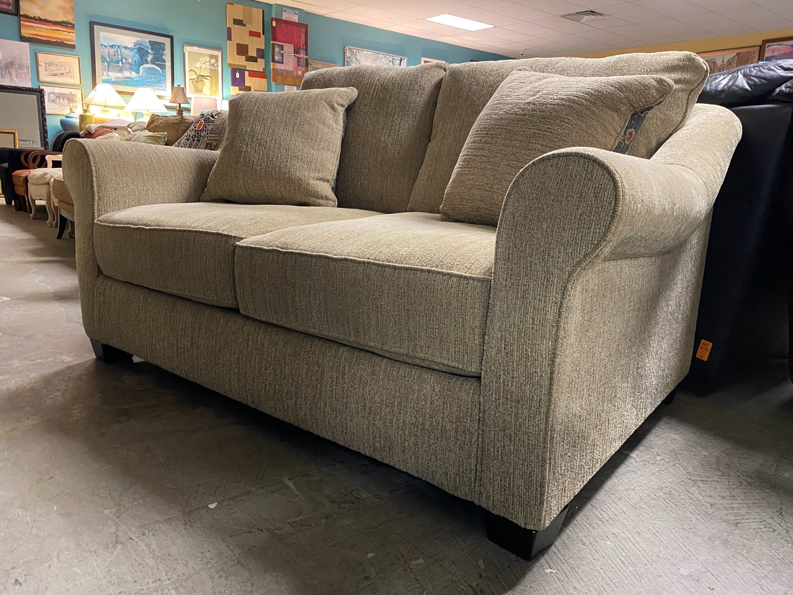 ASHLEY Feather Filled Beige Loveseat w/ Decorative Pillows
