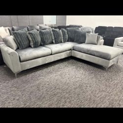 😍Brand New Grey Velvet L-Shape Sectional Sofa with Pillows | Pay After Delivery 🚚