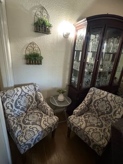 Set of 2 Upholstered Accent Chairs, Patterned Gray/Beige Fabric, Arms