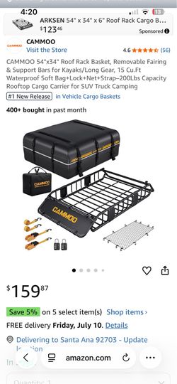 CAMMOO 54"x34" Roof Rack Basket, Removable Fairing & Support Bars for Kayaks/Long Gear, 15 Cu.Ft Waterproof Soft Bag+Lock+Net+Strap–200Lbs Capacity Ro