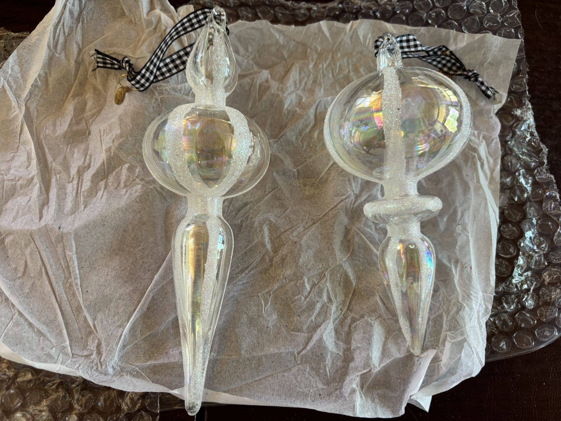 Mackenzie Childs NWT Pair Of Iridescent Crystal Palace Glass Ornaments