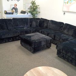 Large Black Corduroy Sectional Couch With Ottoman