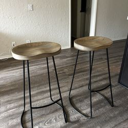 Two Bar Stools – Wood & Black Metal