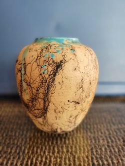 Native American Pottery Horse Hair Etched Vase Signed