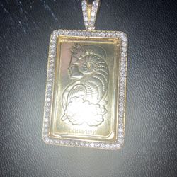 Real 99.9 14K Yellow Gold 2 Ounce Pamp Suisse Bar Lady Fortuna G VS Men's Diamond Pendant