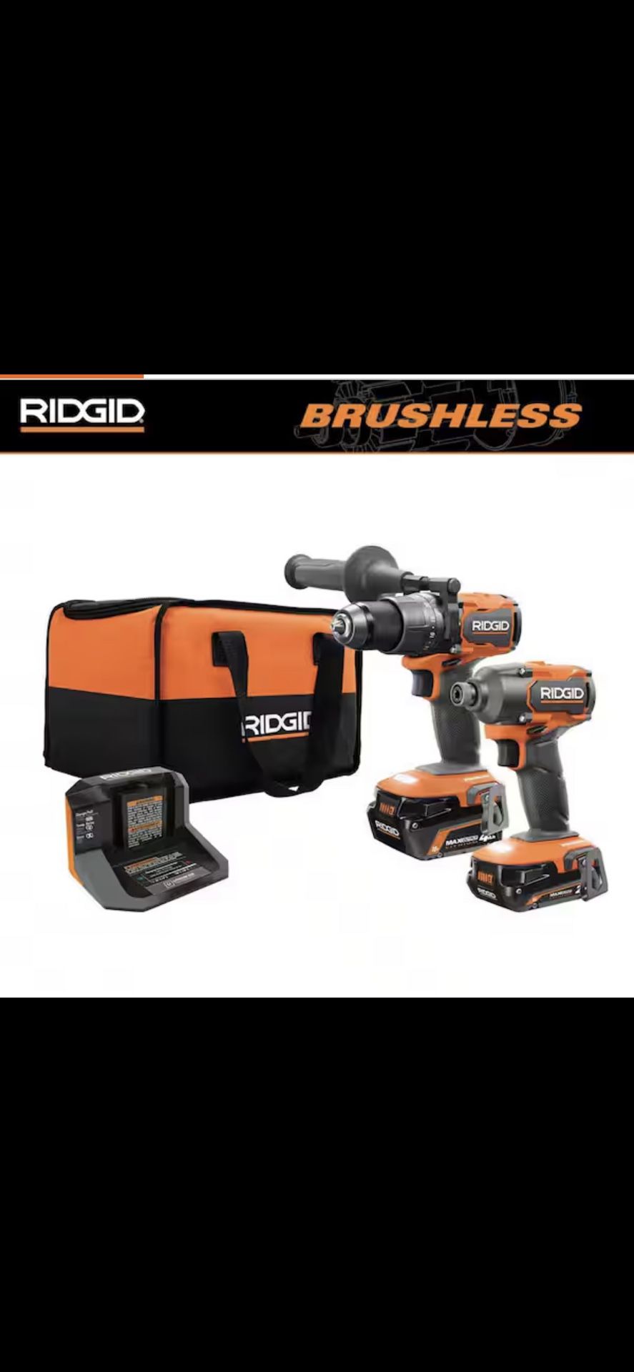 RIDGID 18V Brushless Cordless 2-Tool Combo Kit with Hammer Drill, Impact Driver, (2) Batteries, Charger, and Bag