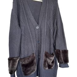 Simply Vera Wang large Faux Fur Cardigan Large Coatigan Blue Boho Chic.  Ribbed with some silver threading very subtle.  All measurements in pics. Thr