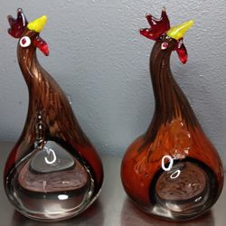 Pair Of Art Glass Murano Like Roosters 10" Tall x 5" Wide. Made In China.