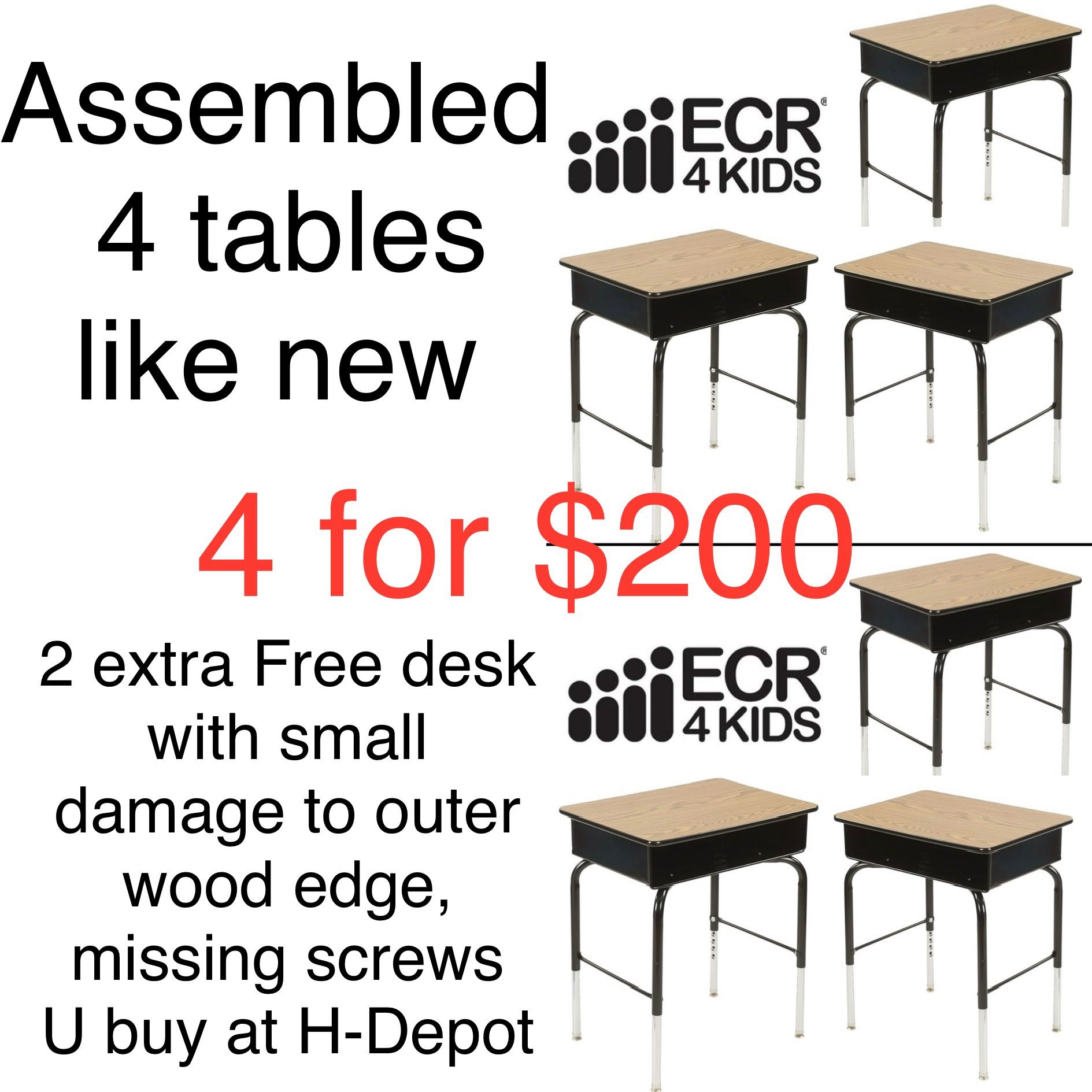 ECR4Kids 4 Pcs Open Front Desk with Metal Storage Book Box, Adjustable, Oak