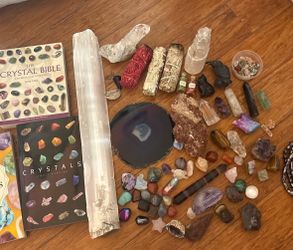 75+ assorted crystals, sage, crystal beads, and crystal books