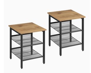 Nightstand, Set of 2 Side Tables, End Tables with Adjustable Mesh Shelves, for Living Room, Bedroom, Industrial, Stable Steel Frame, Easy Assembly, Ho