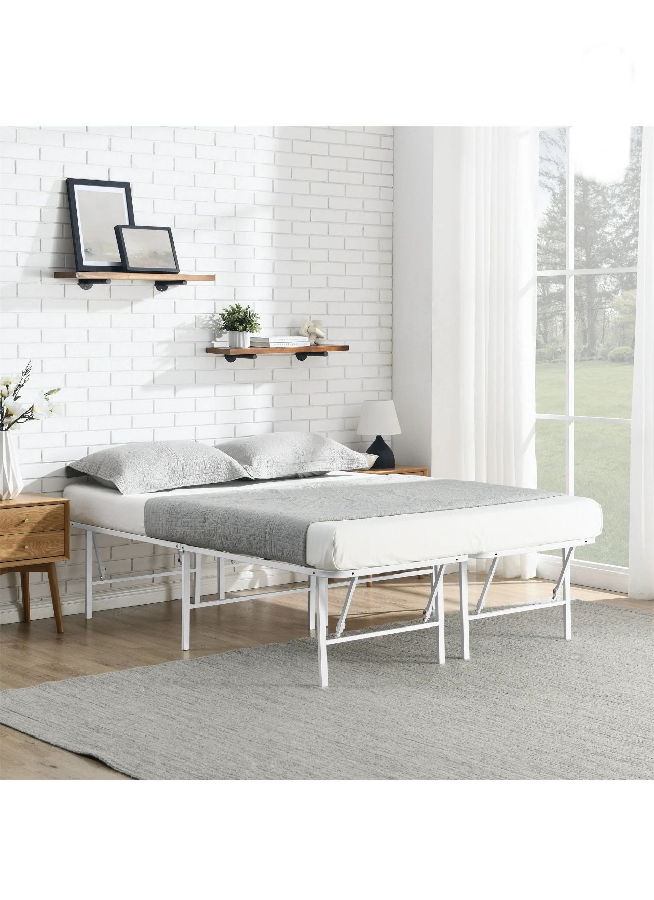 Full 18" High Profile Foldable Steel Platform Bed Frame with Storage Space Under Frame, No Box Spring Required, White, New in Box