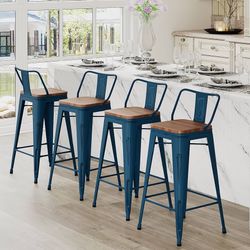 Bar Stools Set of 4 Counter Height Stools Industrial Metal Barstools with Wooden Seats