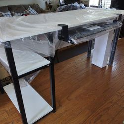 New 23.75"X 60" Black And White Desk With Pull Out Drawer,  A New Computer Mount In The Box And Adjustable Legs