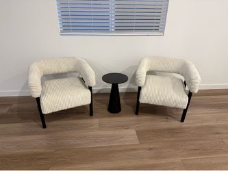 Beige White Corduroy Barrel Accent Chairs With Pedestal Small Round End Table.