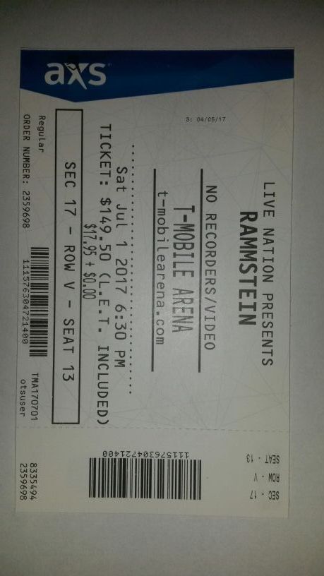 Rammstein/Korn/Stone Sour ticket @ T-Mobile Arena Las Vegas