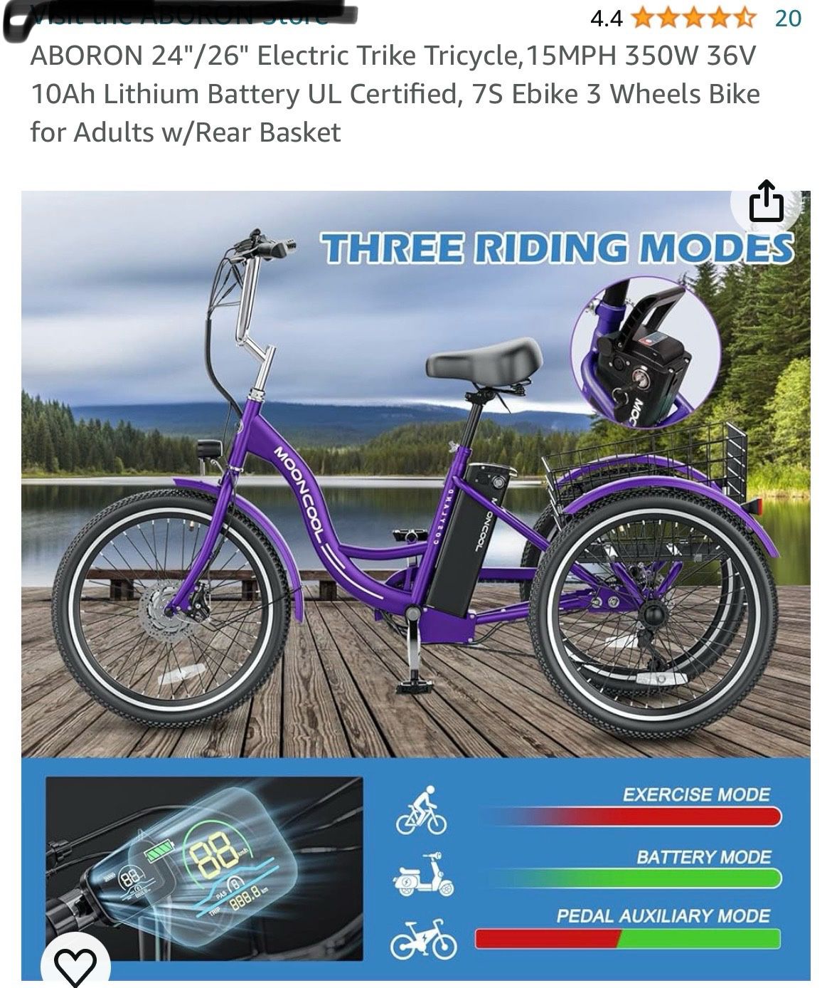 ABORON 24"/26" Electric Trike Tricycle,15MPH 350W 36V 10Ah Lithium Battery UL Certified, 7S Ebike 3 Wheels Bike for Adults w/Rear Basket