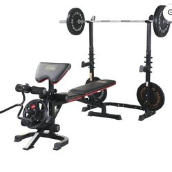 Bench Press, Olympic Bar 7ft Bar, Rack And Weights 