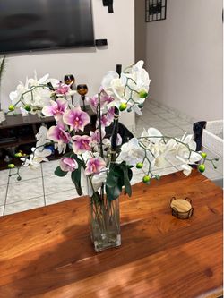 Large Faux Orchid Arrangement in Glass Vase - Modern Home Decor
