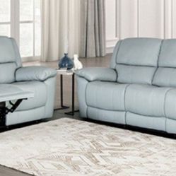 Brand New Powder Blue Leather 2pc Reclining Sofa Set 