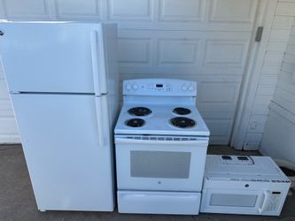 GE Refrigerator,Electric stove 30” and microwave(1 month warranty)