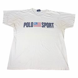 Vintage 90s Polo Ralph Lauren Sport USA Flag Spell Out Logo T-Shirt White Adult Size XL OG