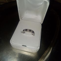 Beautiful Natural Black And White Diamond JS Sign Band Sterling Silver Size 7 And 1/2