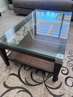 Glass Top Wood Coffee Table with Lower Shelf