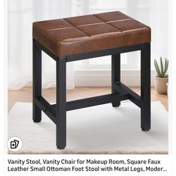 Vanity Stool, Vanity Chair for Makeup Room, Square Faux Leather Small Ottoman Foot Stool with Metal