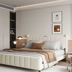 Full Boucle Upholstered Bed Frame with Wingback Headboard, No Box Spring Needed, Easy Assembly, Platform Bed with Wooden Slats, Beige (King (U.S. Stan