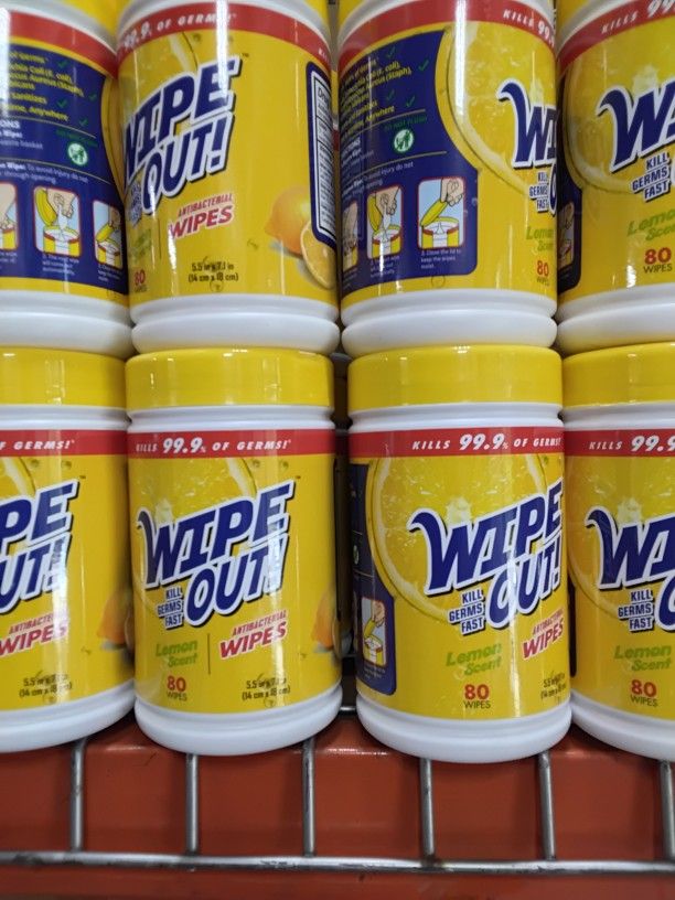 WIPE OUT ANTIBACTERIAL LEMON SCENT WIPES (80 COUNT EACH ) KILLS 99.9 % GERMS