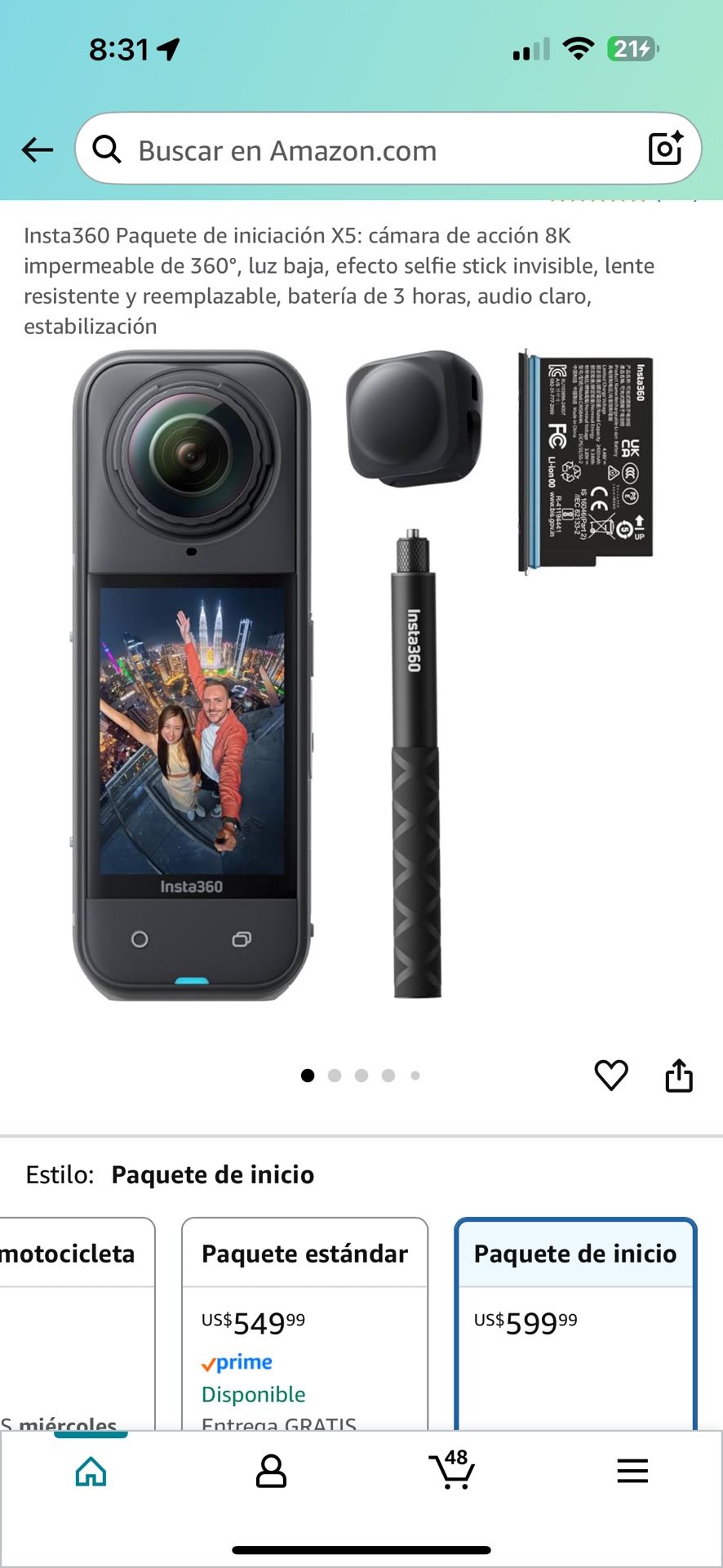 Insta360 Paquete de iniciación X5: cámara de acción 8K impermeable de 360°, luz baja, efecto selfie stick invisible, lente resistente y reemplazable,