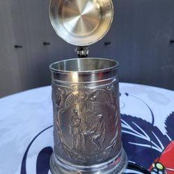 8" Beautiful Desiged Vintage BMF Zinn 95% German Pewter Beer Stein - Made in Germany